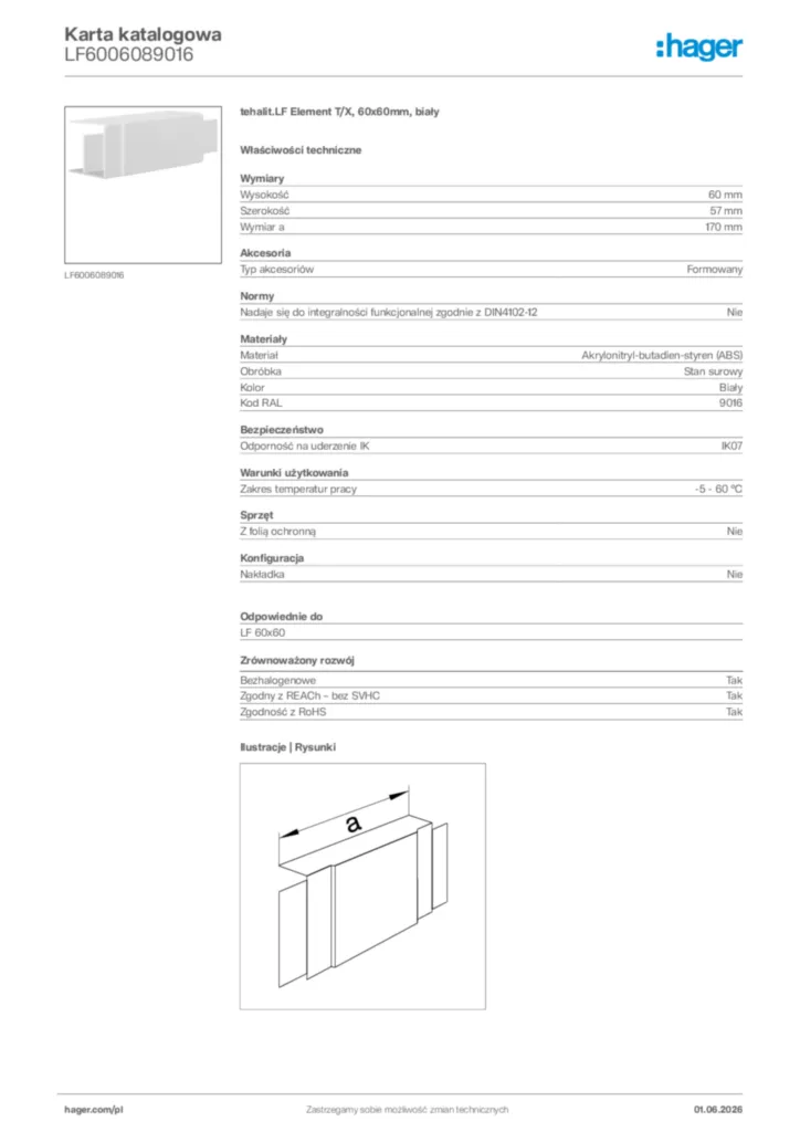 Zdjęcie Hager Karta katalogowa LF6006089016 | Hager Polska