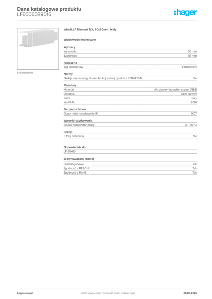 Zdjęcie Hager Dane katalogowe produktu LF6006089016 | Hager Polska