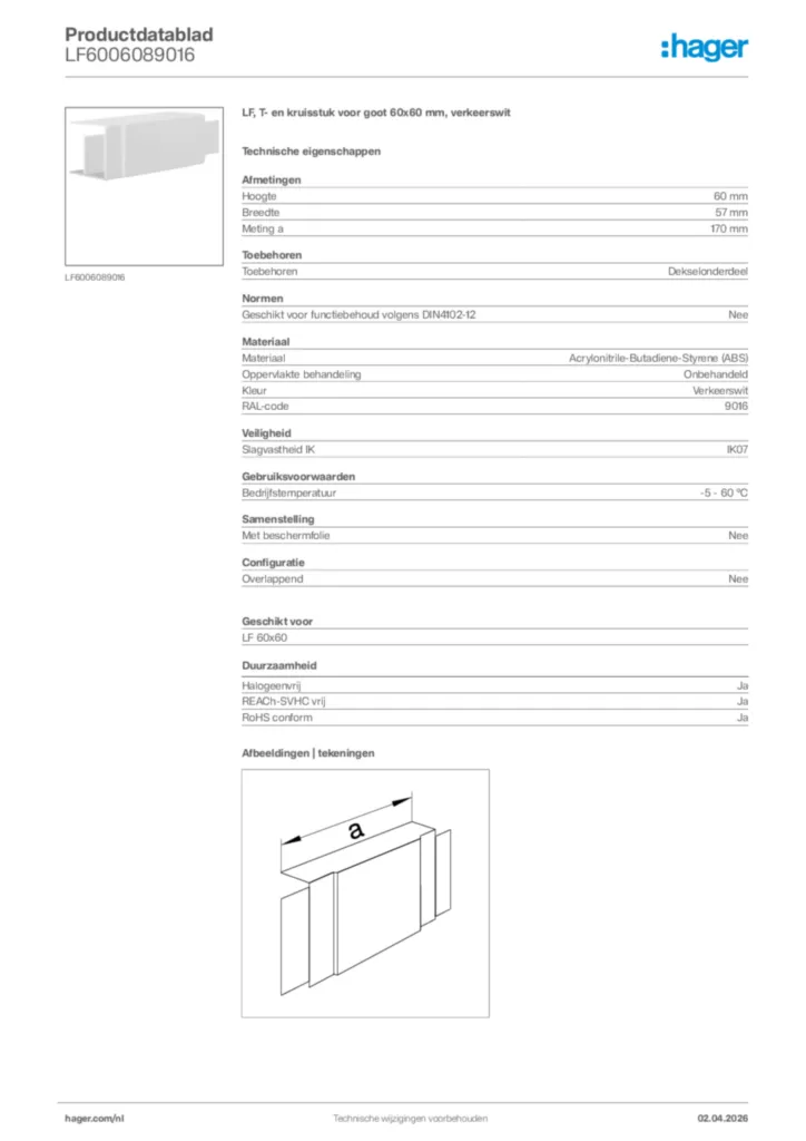 Afbeelding Hager Productdatablad LF6006089016 | Hager Nederland