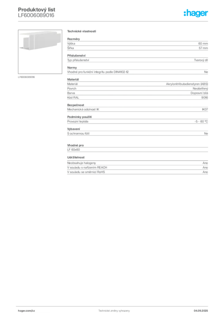 Obrázek Hager Produktový list LF6006089016 | Hager