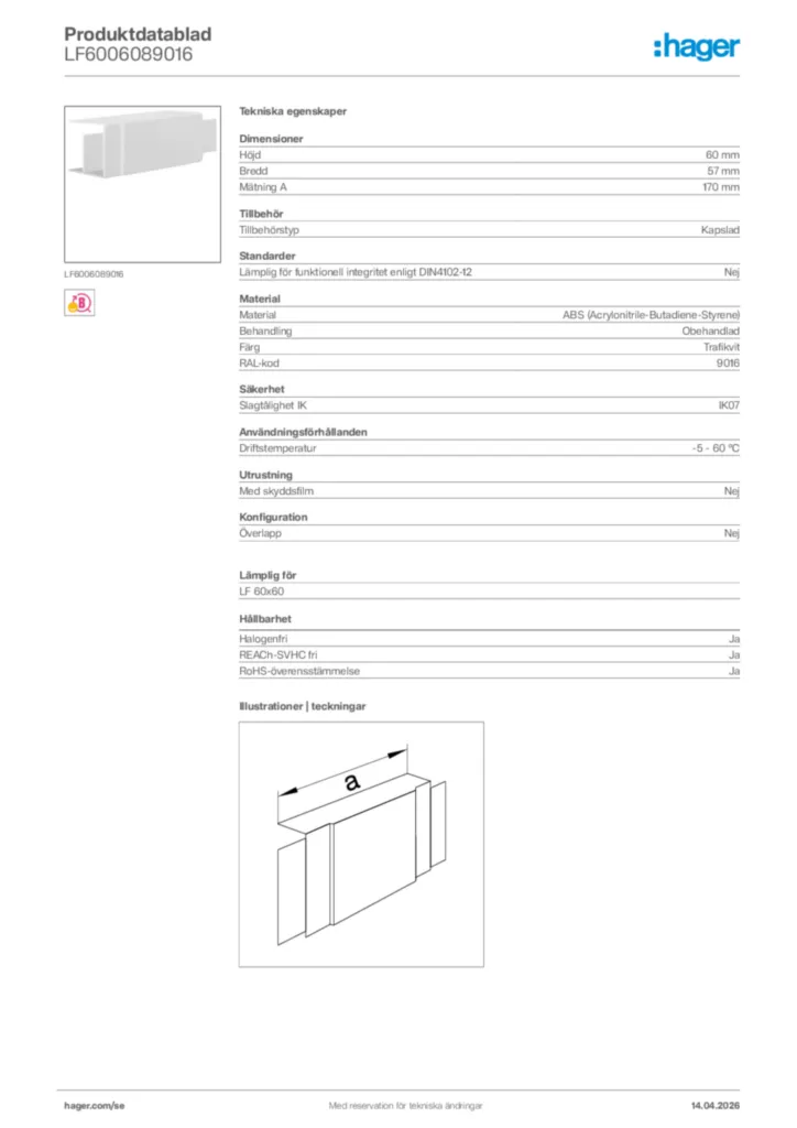 Bild Hager Produktdatablad LF6006089016 | Hager Sverige