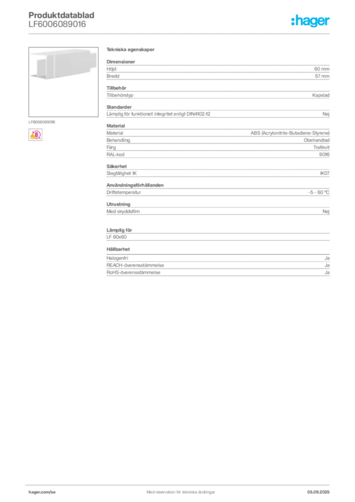 Bild Hager Produktdatablad LF6006089016 | Hager Sverige