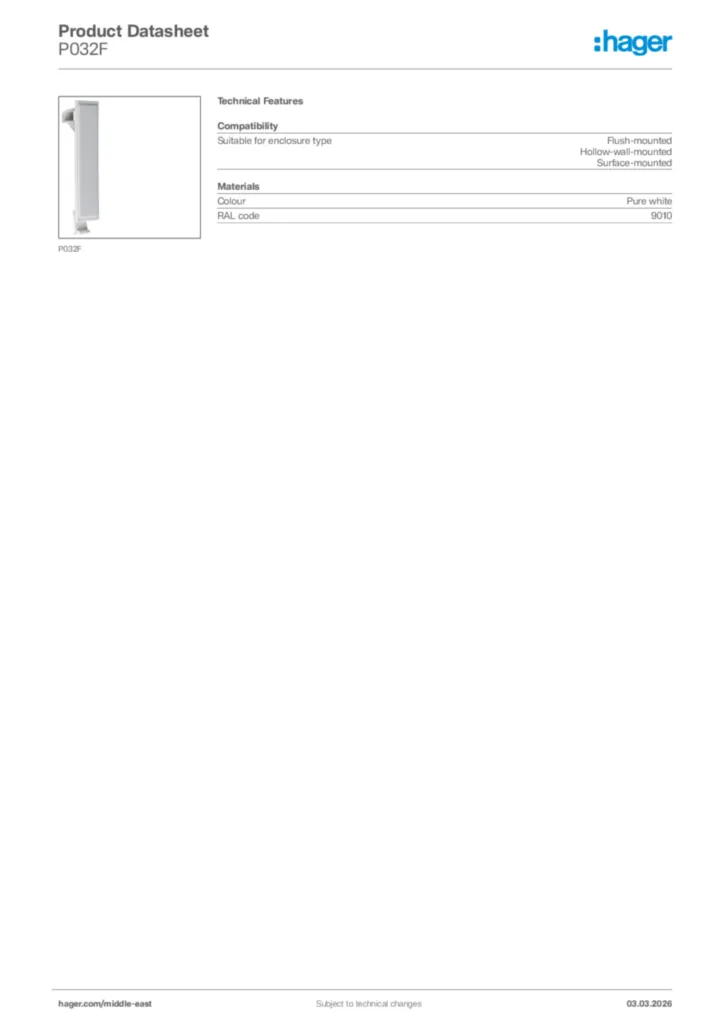 Image Hager Product data sheet P032F  | Hager