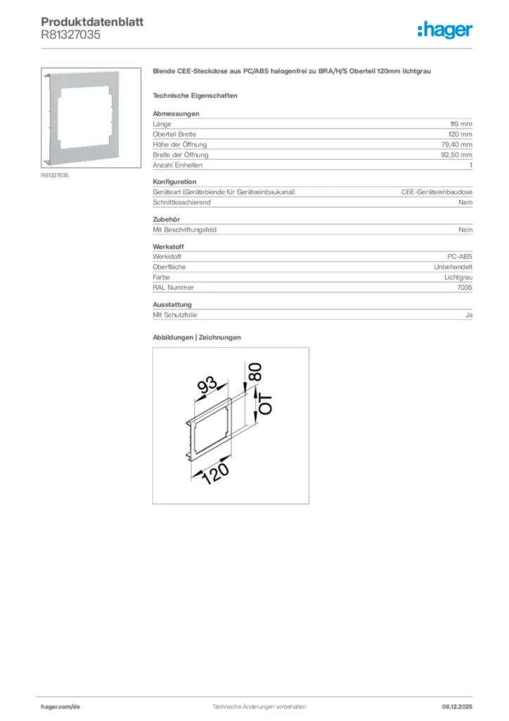 Bild Hager Produktdatenblatt R81327035 | Hager Deutschland