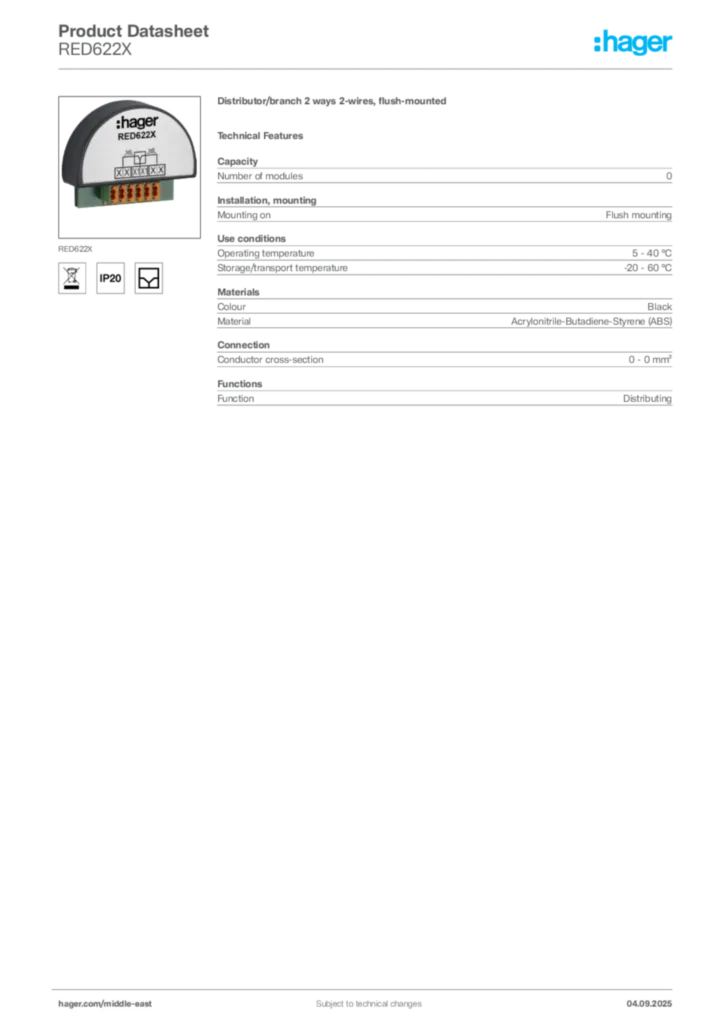 Image Hager Product data sheet RED622X  | Hager