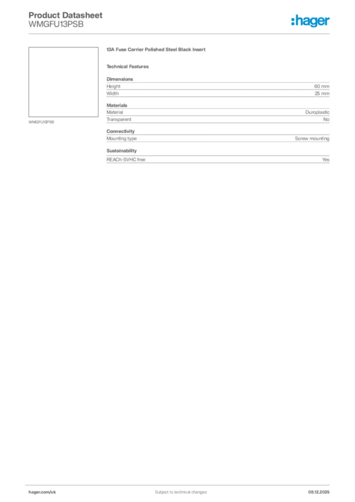 Image Hager Product data sheet WMGFU13PSB  | Hager