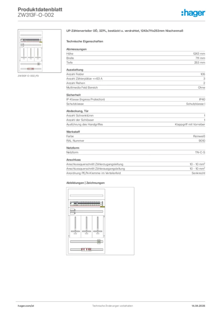Bild Hager Produktdatenblatt ZW313F-O-002 | Hager Deutschland