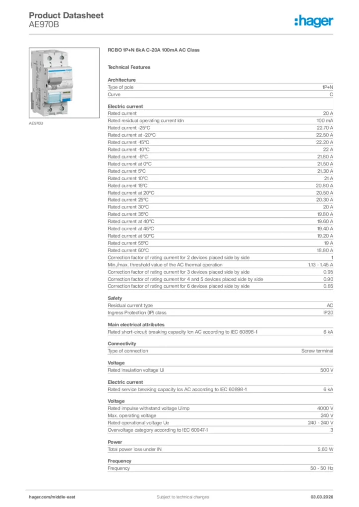 Image Hager Product data sheet AE970B  | Hager