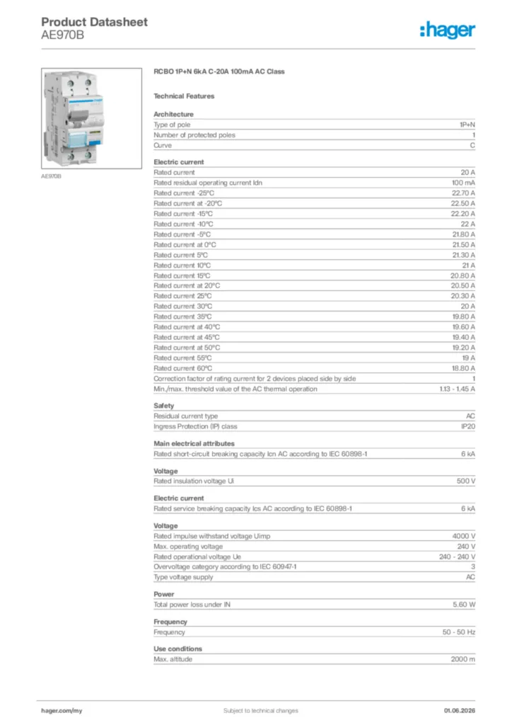Image Hager Product data sheet AE970B  | Hager