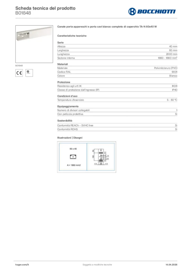 Immagine Bocchiotti Scheda tecnica del prodotto B01848 | Hager Italia
