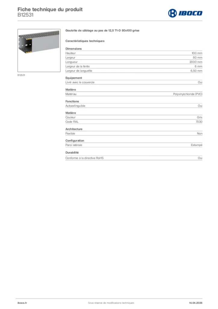 Image Iboco Fiche technique du produit B12531 | Hager France