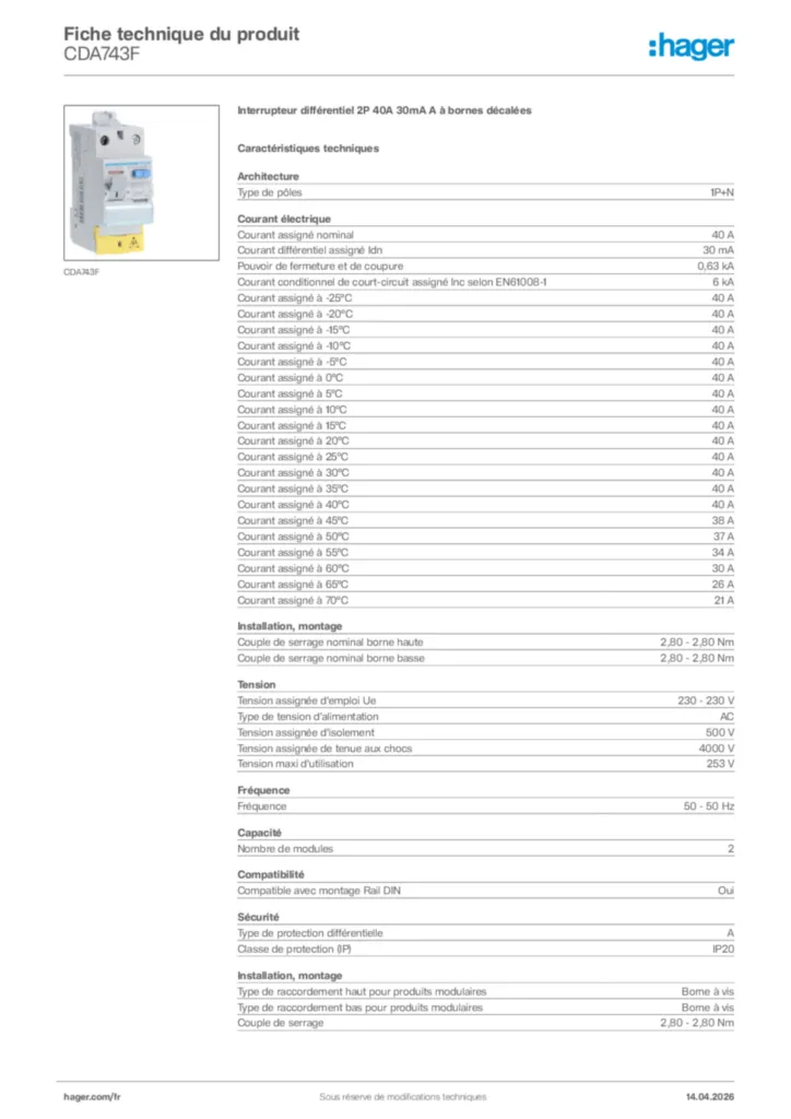 Image Hager Fiche technique du produit CDA743F | Hager France