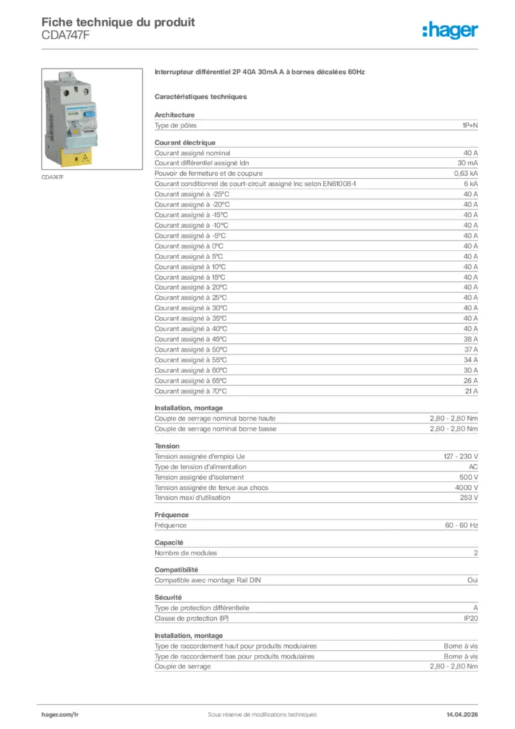 Image Hager Fiche technique du produit CDA747F | Hager France