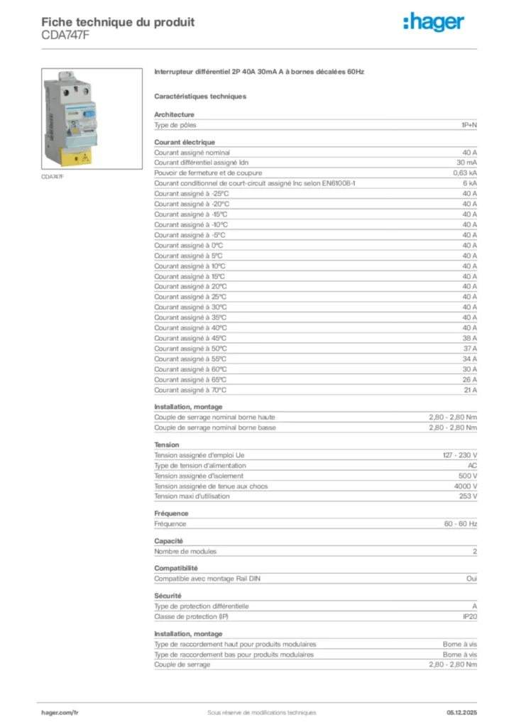 Image Hager Fiche technique du produit CDA747F | Hager France