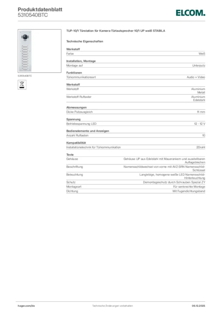 Bild Elcom Produktdatenblatt 5310540BTC | Hager Deutschland
