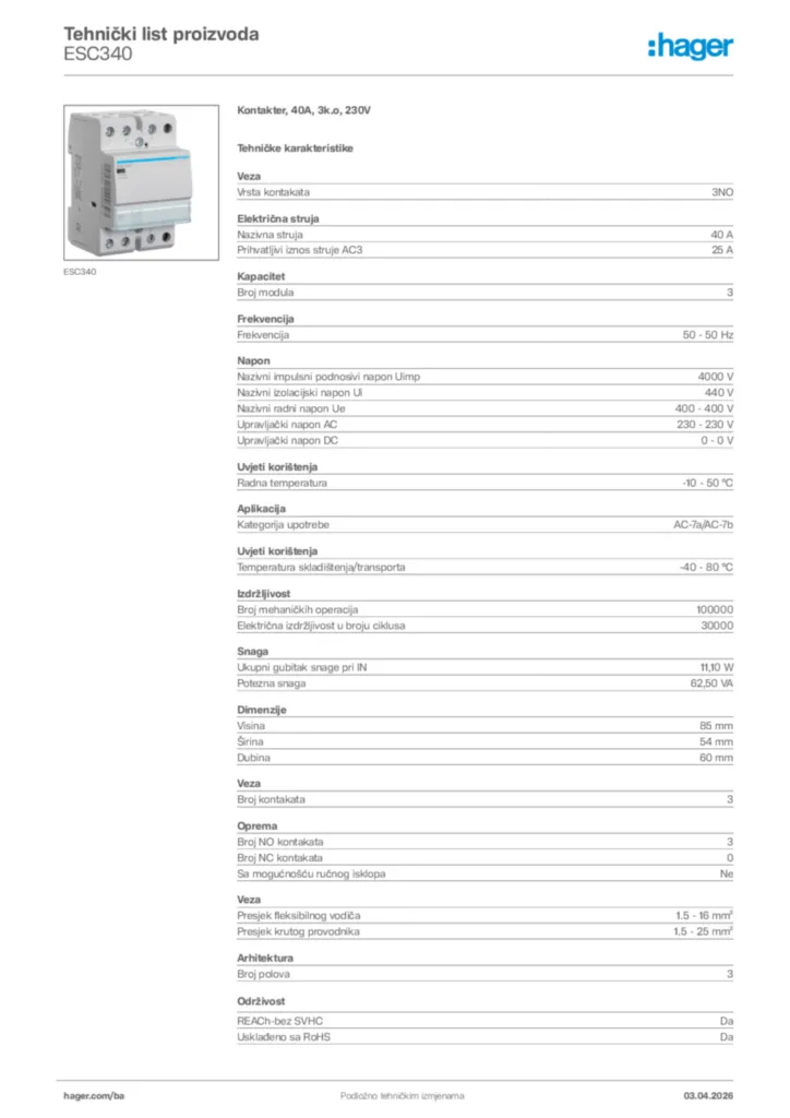 Slika Hager Tehnički list proizvoda ESC340  | Hager