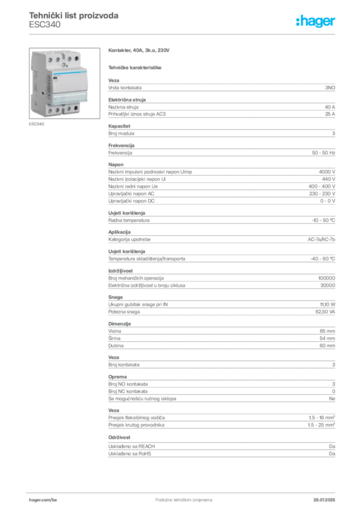 Slika Hager Product data sheet ESC340  | Hager