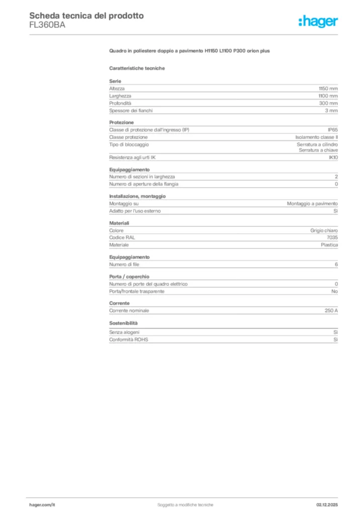Immagine Hager Scheda tecnica del prodotto FL360BA | Hager Italia