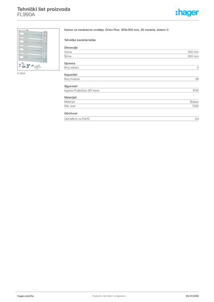 Slika Hager Product data sheet FL990A  | Hager