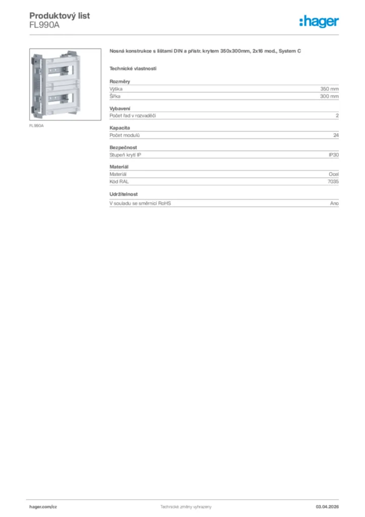 Obrázek Hager Product data sheet FL990A | Hager