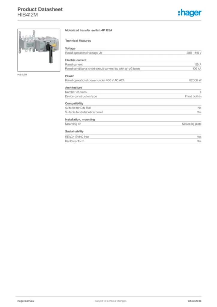 Image Hager Product data sheet HIB412M  | Hager Australia