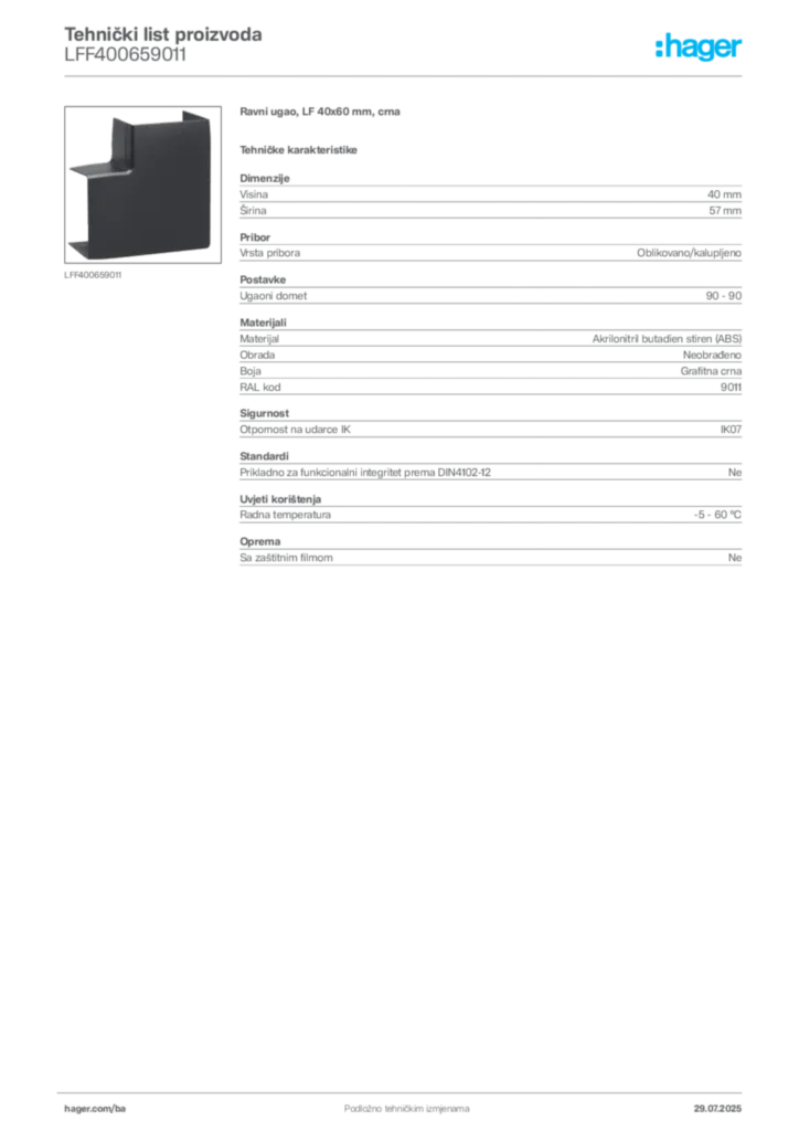Slika Hager Product data sheet LFF400659011  | Hager