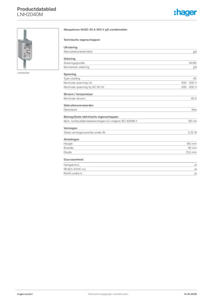 Afbeelding Hager Productdatablad LNH2040M | Hager Nederland