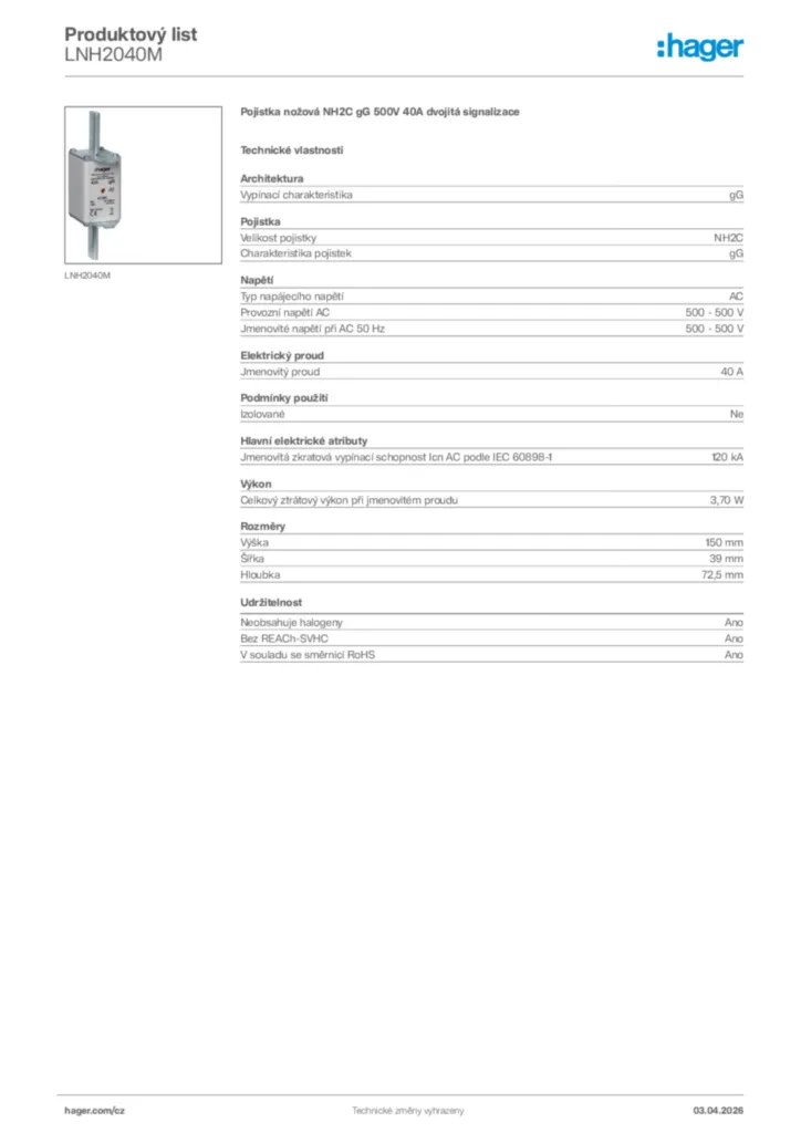 Obrázek Hager Product data sheet LNH2040M | Hager