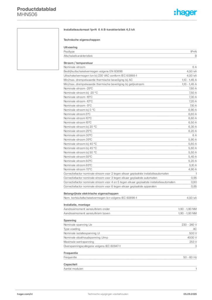 Afbeelding Hager Productdatablad MHN506 | Hager Nederland