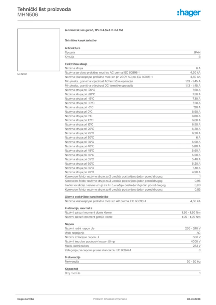 Slika Hager Tehnički list proizvoda MHN506  | Hager