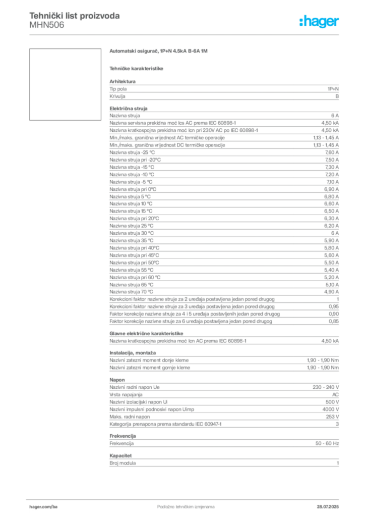 Slika Hager Product data sheet MHN506  | Hager