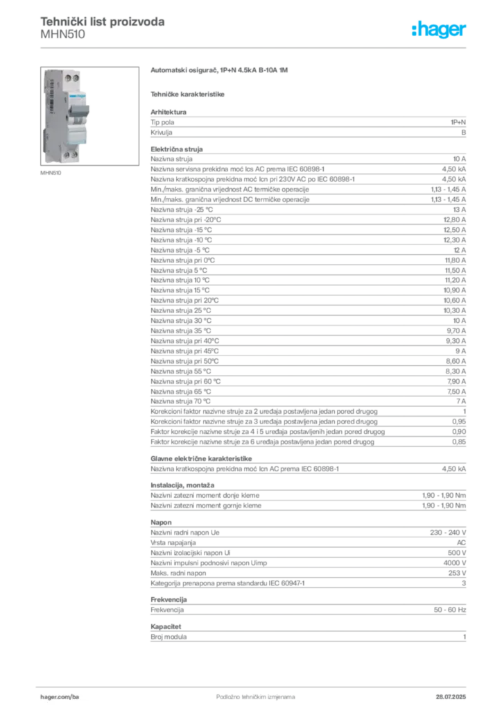 Slika Hager Product data sheet MHN510  | Hager