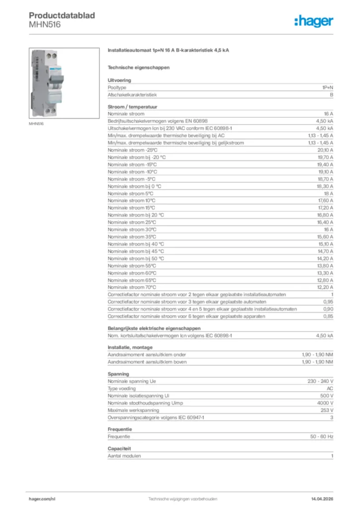 Afbeelding Hager Productdatablad MHN516 | Hager Nederland
