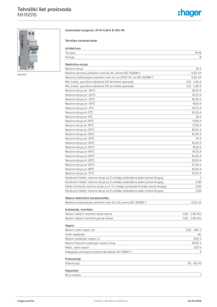 Slika Hager Tehnički list proizvoda MHN516  | Hager