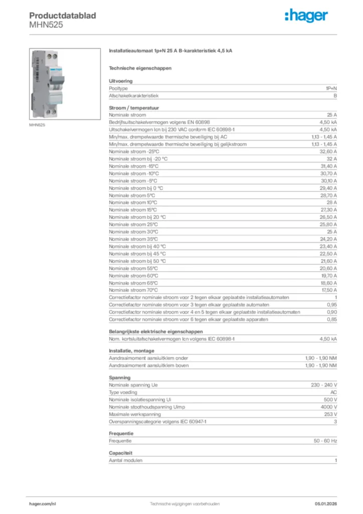 Afbeelding Hager Productdatablad MHN525 | Hager Nederland