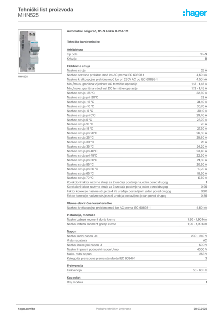 Slika Hager Product data sheet MHN525  | Hager