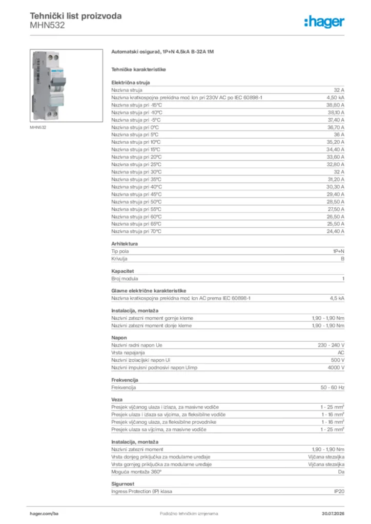 Slika Hager Tehnički list proizvoda MHN532  | Hager