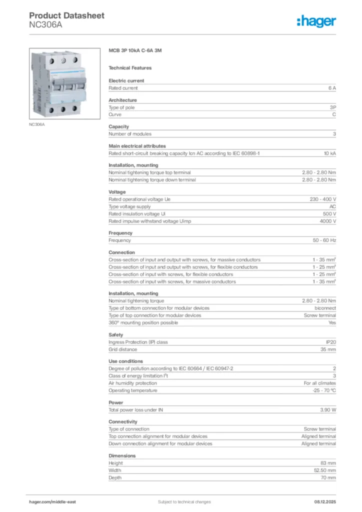 Image Hager Product data sheet NC306A  | Hager