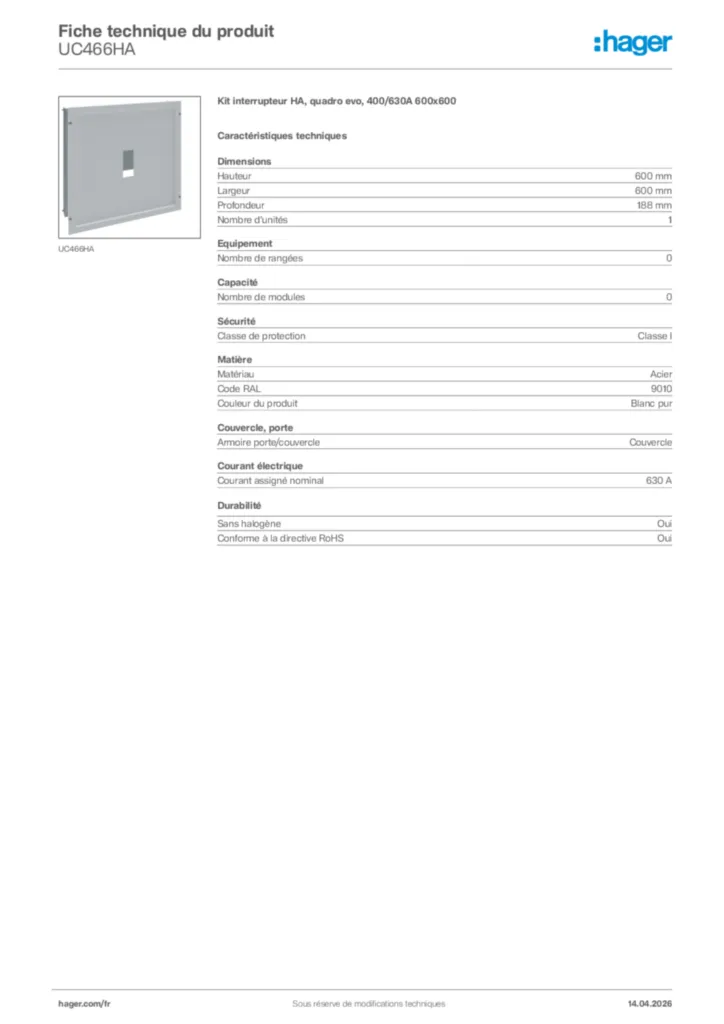 Image Hager Fiche technique du produit UC466HA | Hager France
