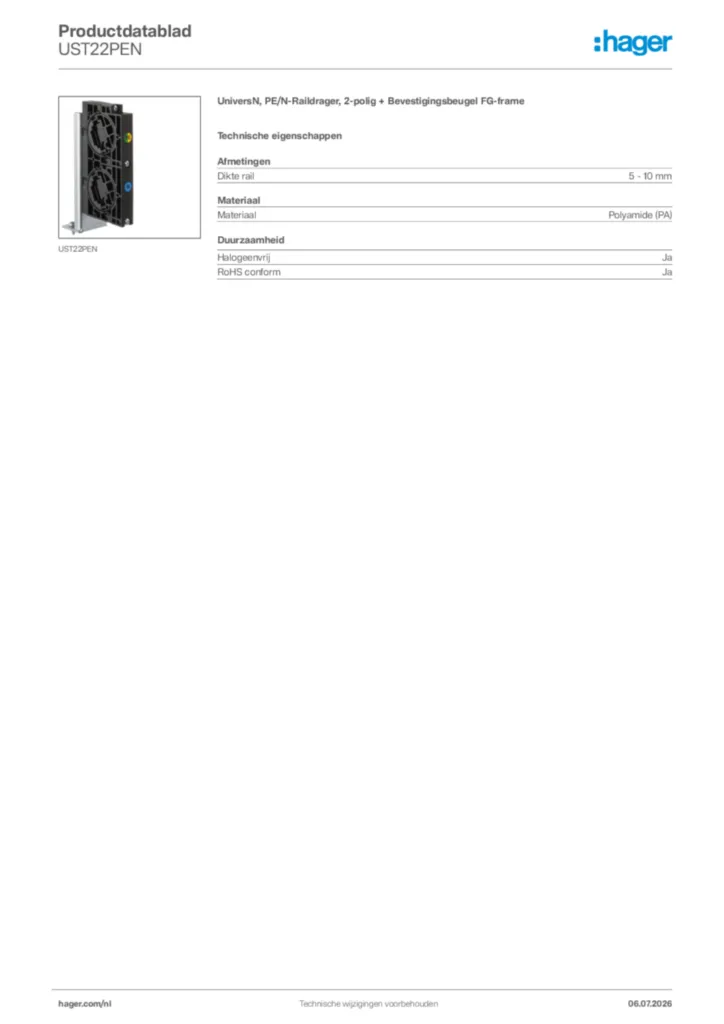 Afbeelding Hager Productdatablad UST22PEN | Hager Nederland
