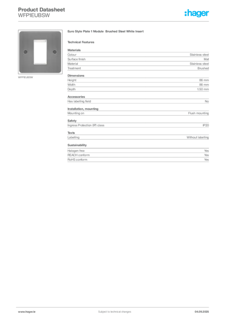 Image Hager Product data sheet WFP1EUBSW  | Hager