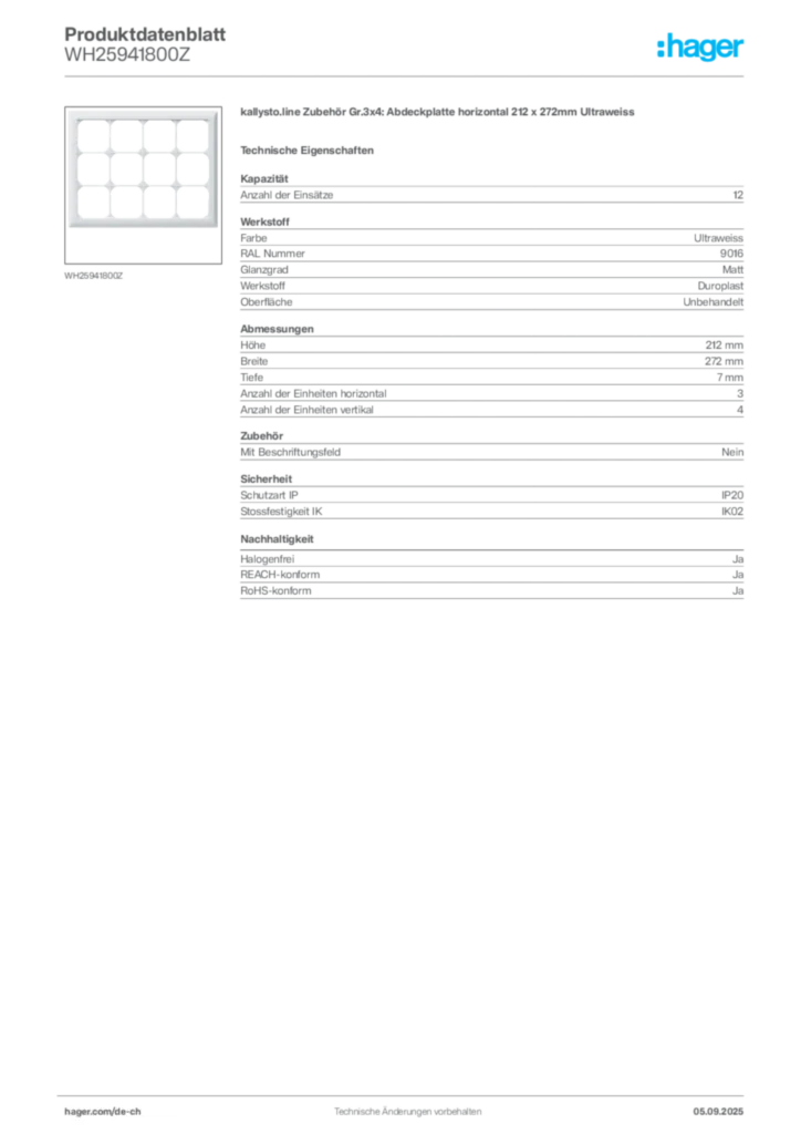 Bild Hager Produktdatenblatt WH25941800Z | Hager Schweiz