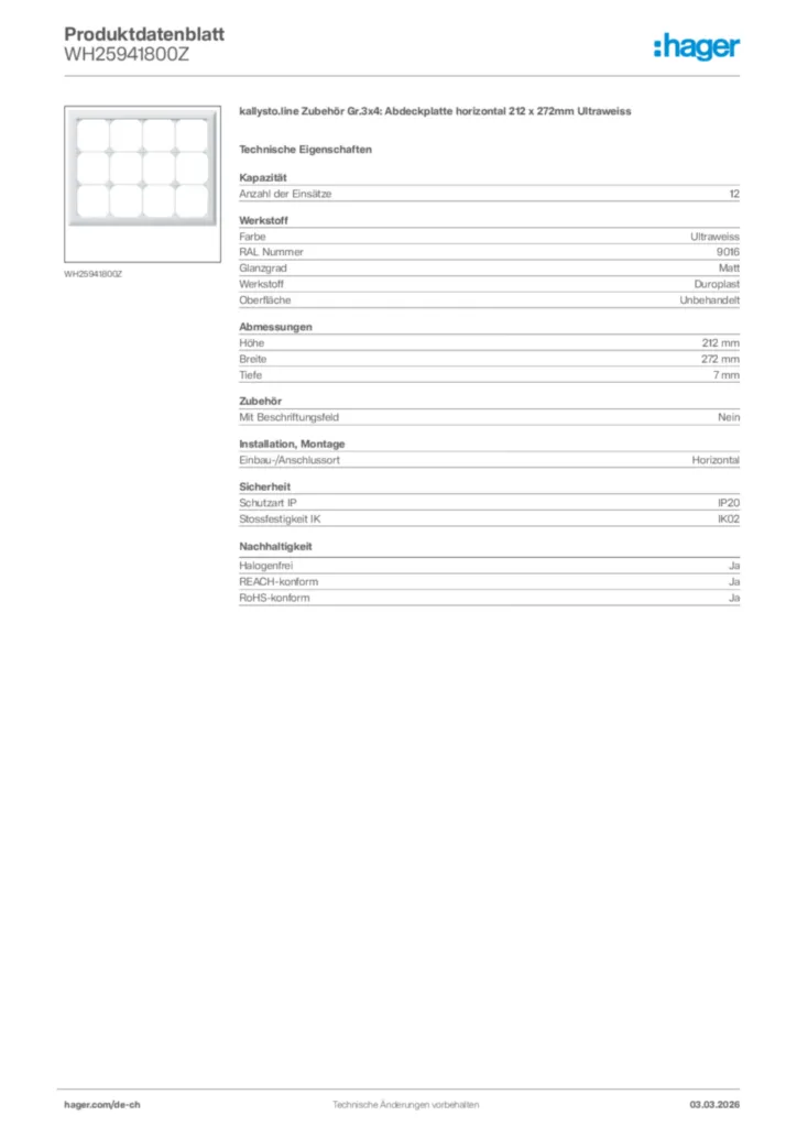 Bild Hager Produktdatenblatt WH25941800Z | Hager Schweiz