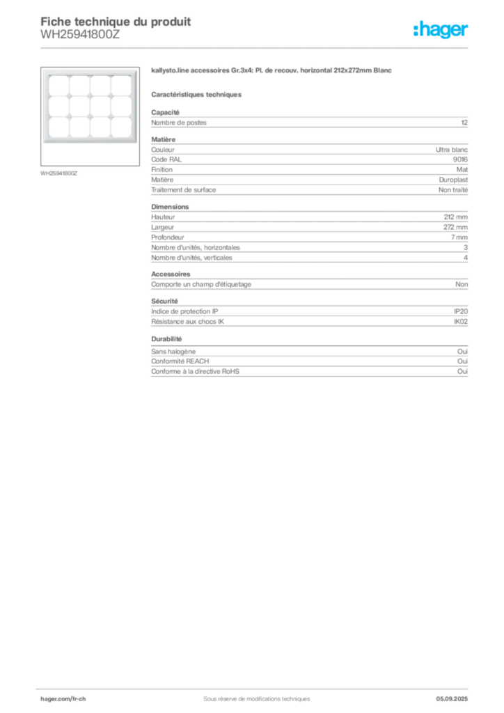 Image Hager Fiche technique du produit WH25941800Z | Hager Suisse