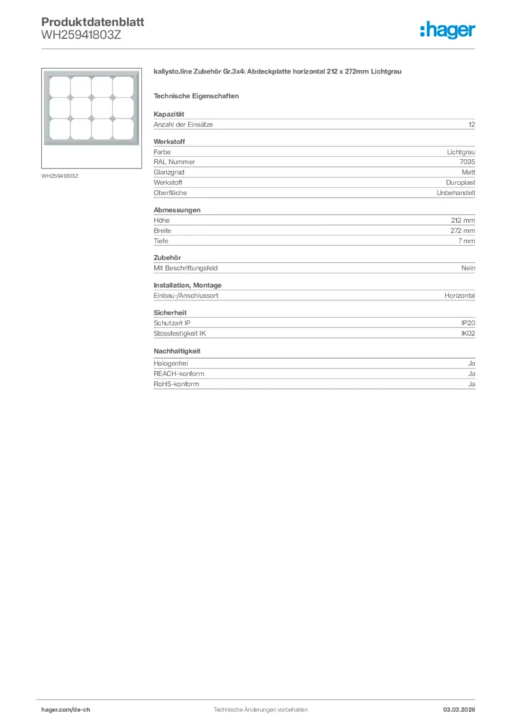 Bild Hager Produktdatenblatt WH25941803Z | Hager Schweiz