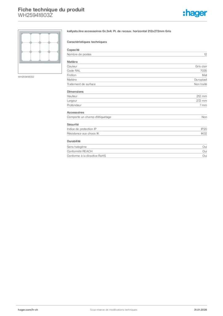 Image Hager Fiche technique du produit WH25941803Z | Hager Suisse