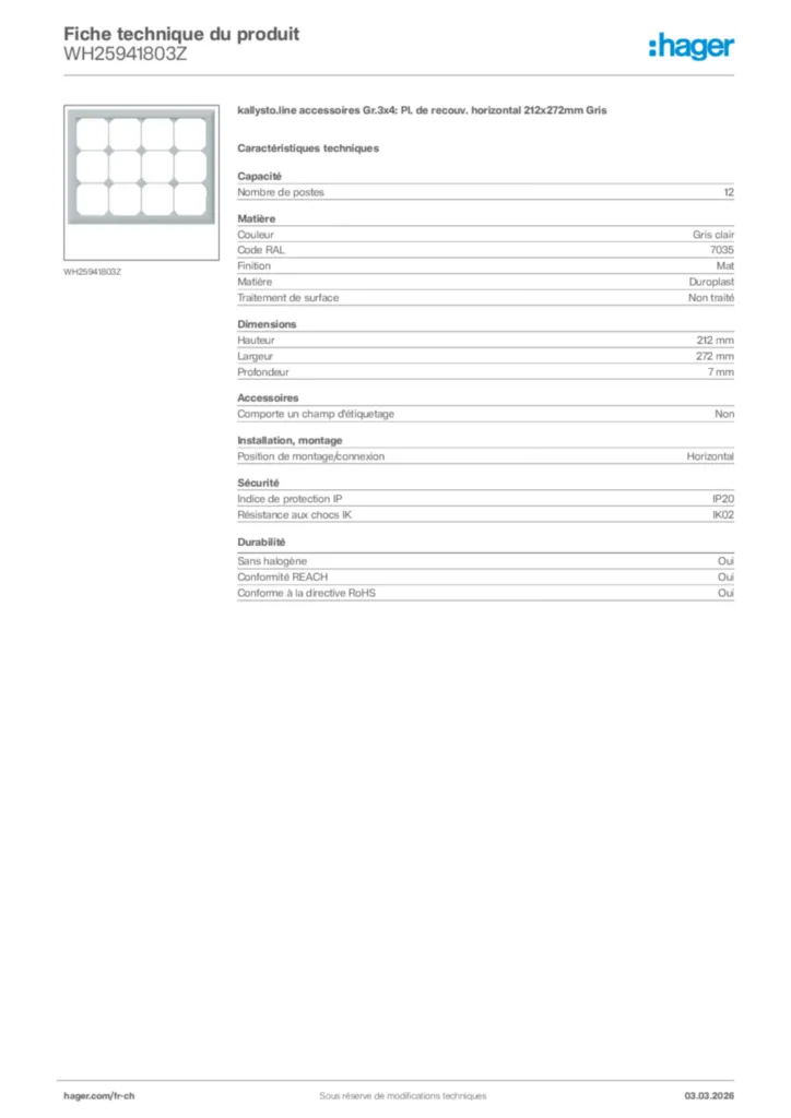 Image Hager Fiche technique du produit WH25941803Z | Hager Suisse