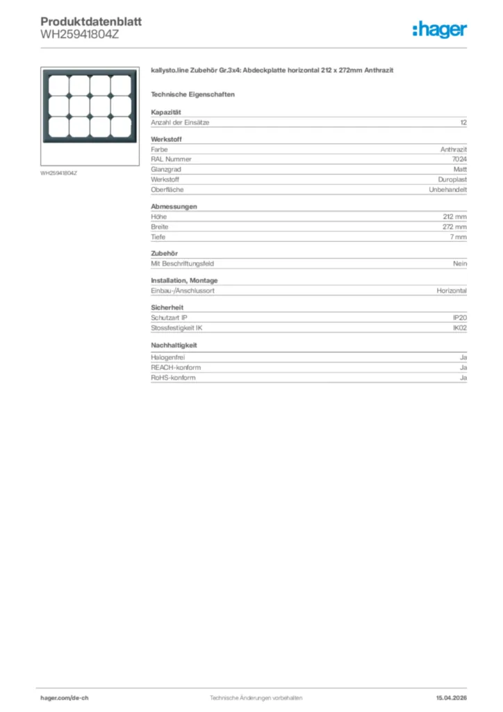 Bild Hager Produktdatenblatt WH25941804Z | Hager Schweiz