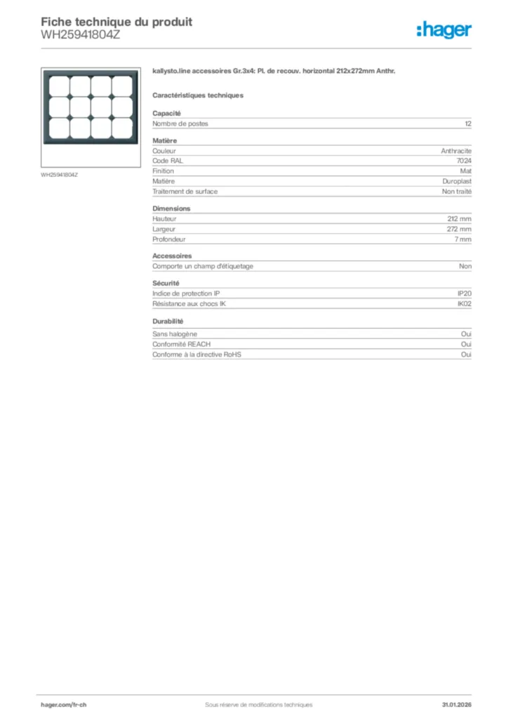 Image Hager Fiche technique du produit WH25941804Z | Hager Suisse