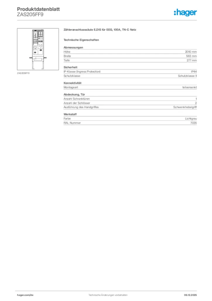 Bild Hager Produktdatenblatt ZAS205FF9 | Hager Deutschland